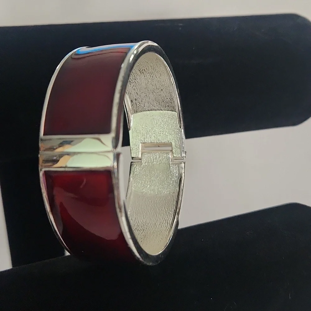 Silver & Deep Red Merlot Enamel Hinge Bangle Bracelet – Modern Statement Cuff - Picture 8 of 8